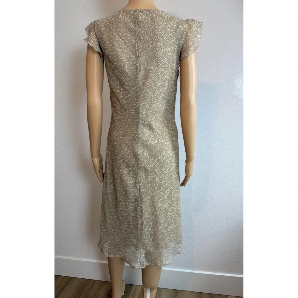 Vintage 90s Y2K FLP Beige Polka Dot Empire Waist Chiffon Prairie Midi Dress 8